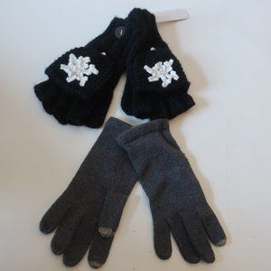 NWT WOMENS CHARMING CHARLIE AND ECHO DESIGN LOT 2 BLACK MITTEN GREY GLOVES OS *